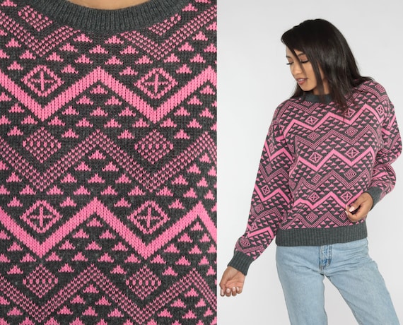 ShopExile Pink Zig Zag Sweater 90s Grey Geometric Striped Knit Pullover Wool Blend Grunge Boho Hipster Statement Print Crewneck Vintage 1990s Small S