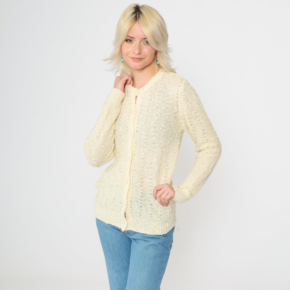 Pale Yellow Cardigan 80s Pointelle Knit Pearl Button up Sweater Open Weave Sheer Sweater Retro Grandma Openwork Vintage 1980s Small S