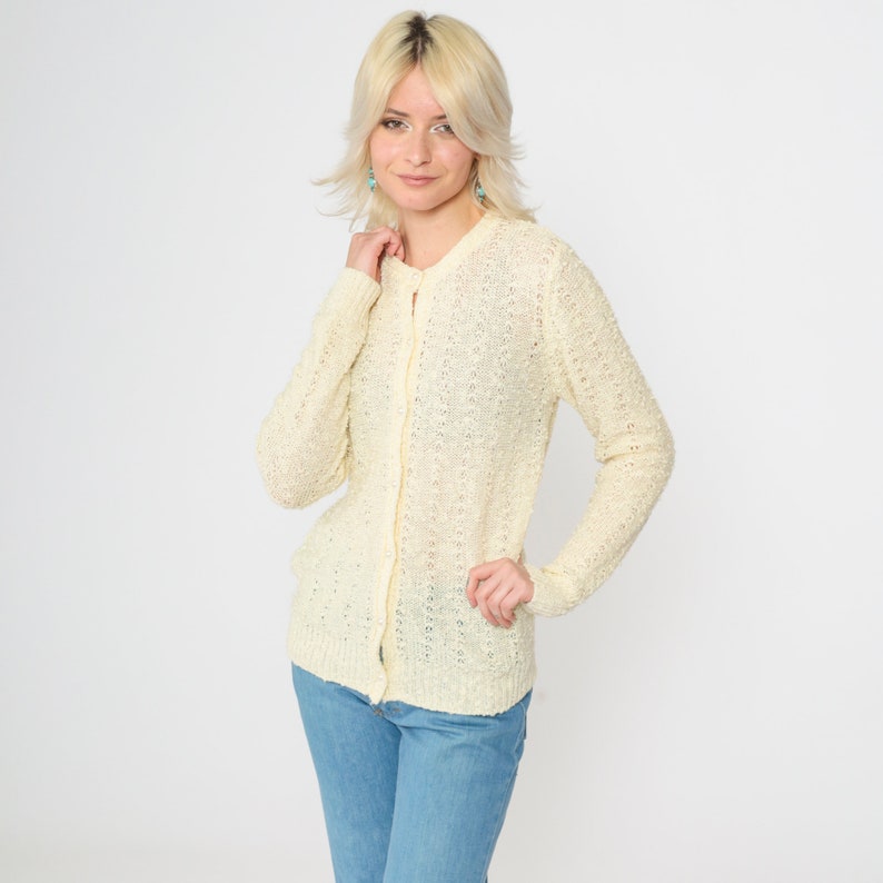 Pale Yellow Cardigan 80s Pointelle Knit Pearl Button up Sweater Open Weave Sheer Sweater Retro Grandma Openwork Vintage 1980s Small S image 1