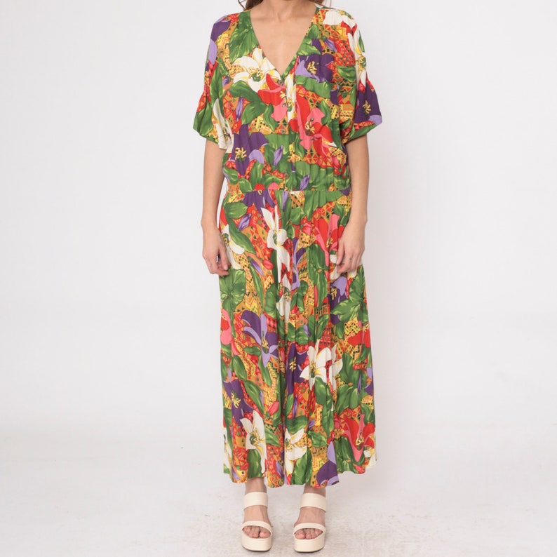 Tropical Floral Dress 90s Dolman Sleeve Maxi Boho Hippie V Neck Shirtdress 1990s Vintage Elastic Waist Button Up Green Red Purple Large image 7