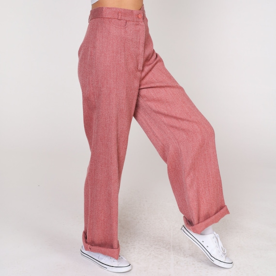 70s Trousers Heather Red Wide Leg Pants High Waisted Rise Slacks Straight Cuffed Leg Preppy Basic Simple Seventies Vintage 1970s Small S 28