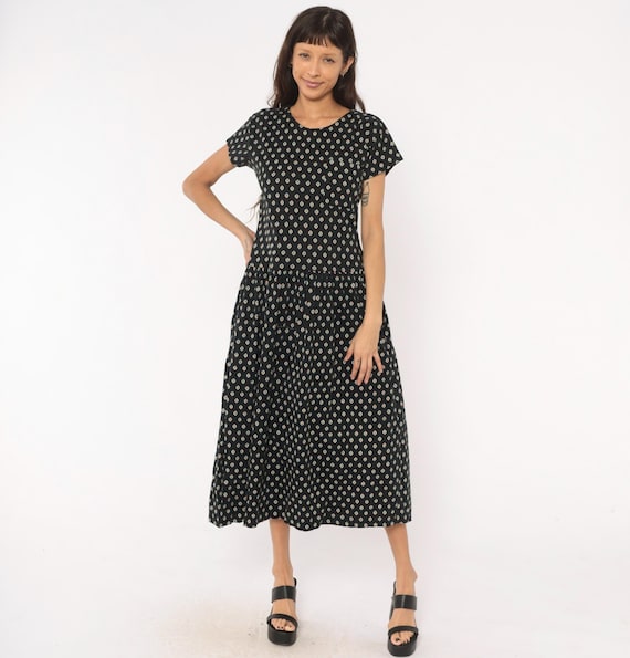 90s Foulard Print Midi Dress Black Cotton Short Sleeve Red Green Blue Floral Motif Prairie Cottagecore Soft Grunge Indie Vintage Medium M
