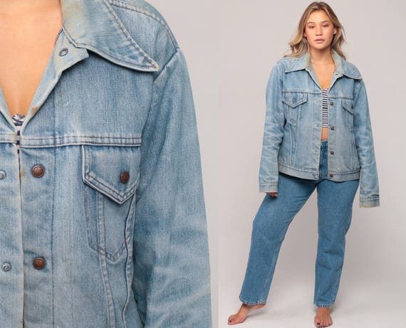 Jean Jacket 70s Denim Jacket Blue Jean Jacket QUILTED Lining 1970s Vintage Distressed Lumberjack Biker Oversized Hipster Coat Extra Large xl