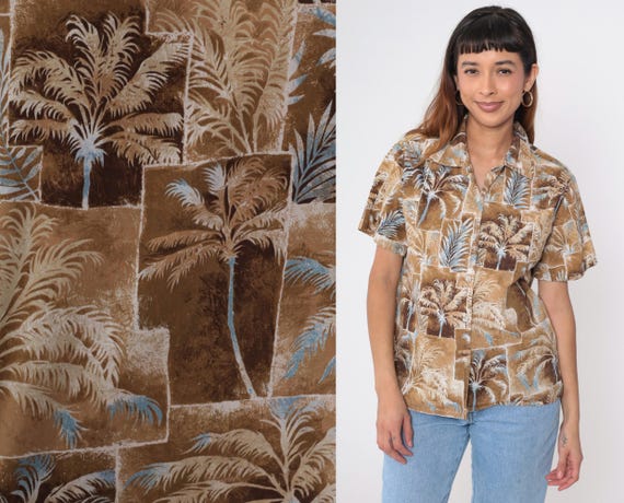 90s Hawaiian Shirt Brown Tropical Palm Tree Shirt Surfer 1990s Aloha Button Up Short Sleeve Surf Tiki Vintage Cotton Medium