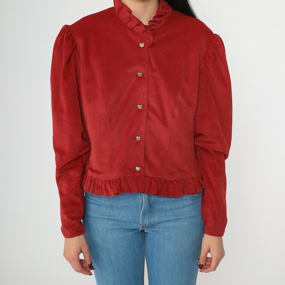 70s Red Velour Blouse Puff Sleeve Top Heart Button Up Shirt Ruffled Boho Hippie Retro Blouse Plain Party Top Romantic Vintage 1970s Medium