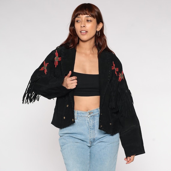 Western Fringe Leather Jacket 90s Black and Red Native American Style Southwestern Prairie Gothic Cowgirl Ranch Wear Rodeo Biker Large L