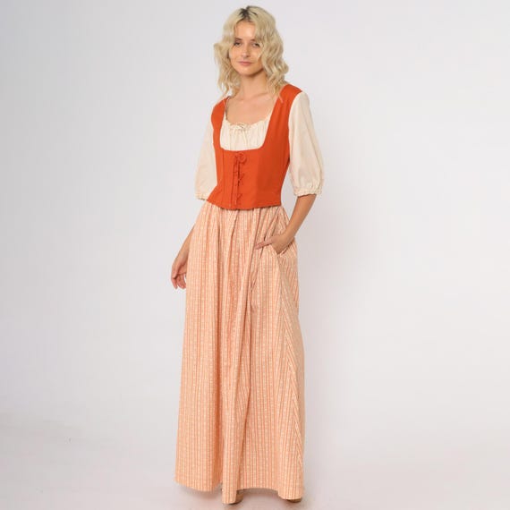70s Prairie Cottagecore Renaissance Maxi Dress Boho Puff Sleeve Bohemian Style Orange Corset Bodice Lace Up Front Peasant Blouse Medium M