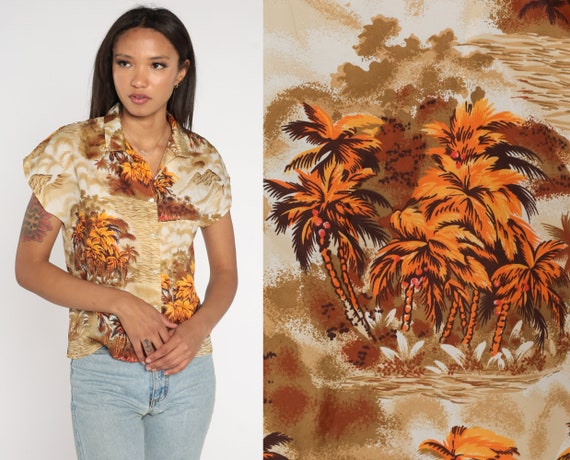 70s Hawaiian Shirt PALM TREE Blouse Brown Yellow Beach Scene Tropical Shirt Button Up Cap Sleeve Shirt 1970s Retro Tourist Aloha Top Small
