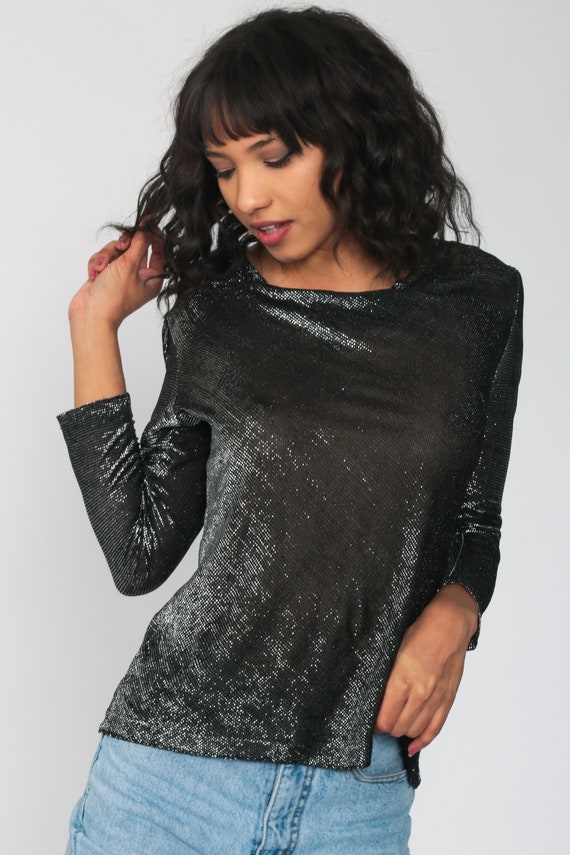 SHEER Metallic Top Black SILVER Blouse Bowl Neck … - image 4