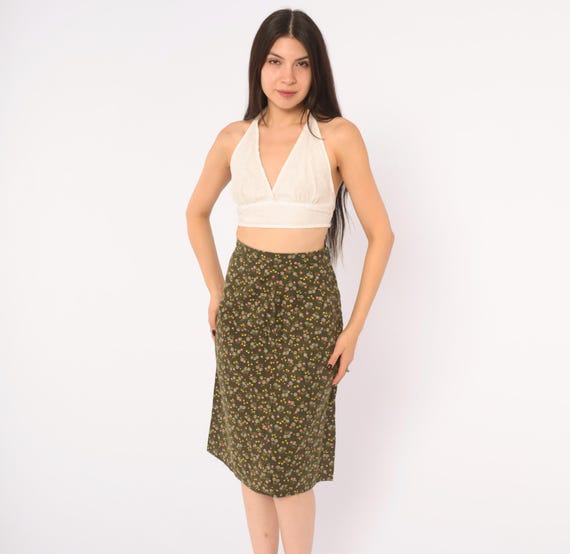 70s Ditsy Floral Skirt Olive Green A Line Daisy High Waist Yellow Prairie Cottagecore Folk Summer Hippie Bohemian Vintage Extra Small XS