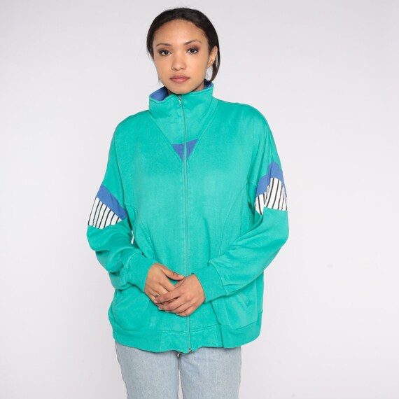Zip Up Sweatshirt 80s Green Track Jacket Striped Jacket Retro Warmup Streetwear Sportswear Funnel Neck Sporty Plain Vintage 1980s Large