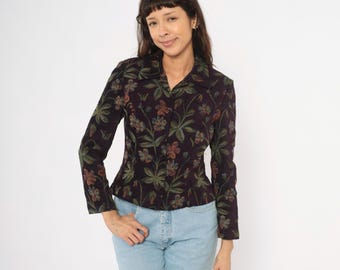 Chaqueta de tapiz floral, blazer de los 90, verde ciruela, tejido botánico, cuello con muescas, ajustado, corto, estampado de hojas, violeta, abrigo de jardín, vintage, talla S