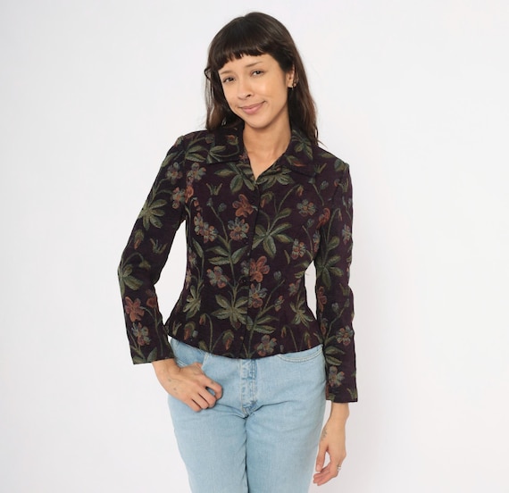 Floral Tapestry Jacket 90s Blazer Plum Green Botanical Woven Notched Collar Fitted Cropped Leaf Print Violet Garden Coat Vintage Small S