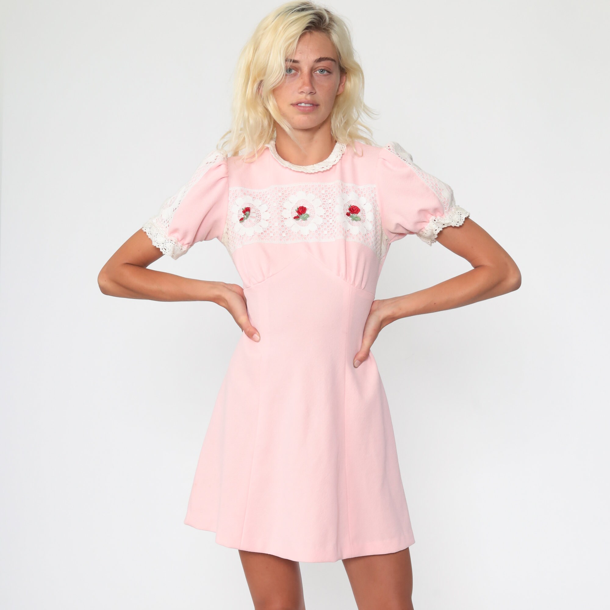 Babydoll Mini Dress 70s Baby Pink PUFF Sleeve Dress Dolly Lace Etsy