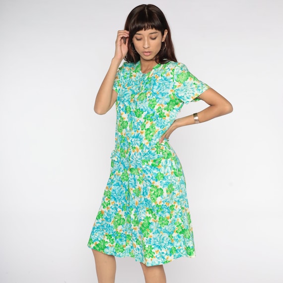 60s Floral Dress Mod Day Dress Floral Print Day Dress Button Up Low Waist Pleated Skirt Midi Pocket 1960s Vintage Short Sleeve Medium