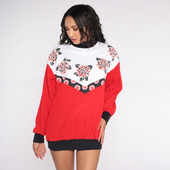 Floral Sweatshirt 80s Color Block Shirt Vintage Sweater Red White Black Graphic Sweatshirt 1980s Slouchy 90s Large L