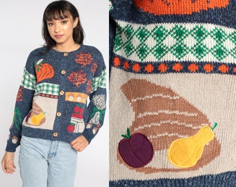Fall Cardigan Sweater 90s Pumpkin Harvest Sweater Autumn Sweater Apple Button Up Farm Sweater Novelty Cotton 1990s Vintage Large