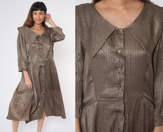 Vintage 80s Gold Metallic Button Down Dress Wide Collar Long Sleeve Midi Structured Fabric Statement Collar 1980s Casual Party Medium Large