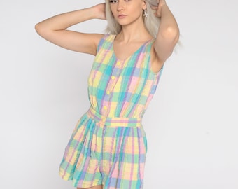 Pastel Plaid Romper 80s One Piece Checkered Playsuit Summer High Waist Button Up 1980s Vintage Shorts Purple Turquoise Small 4
