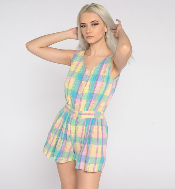Pastel Plaid Romper 80s One Piece Checkered Playsuit Summer High Waist Button Up 1980s Vintage Shorts Purple Turquoise Small 4