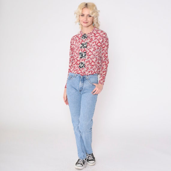 Red Floral Blouse 90s Cherry Blossom Asian Inspir… - image 3