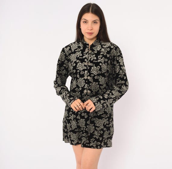 90s Black Velvet Jacket Silver Metallic Floral Glitter Mandarin Collar Long Sleeve Coat Gothic Whimsigoth Fall Winter Vintage Large L