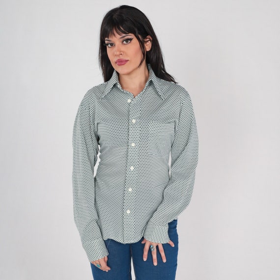 70s Button up Shirt Retro Disco Shirt White Green Dot Print Collared Long Sleeve Top Seventies Dagger Collar Vintage 1970s Arrow Medium M
