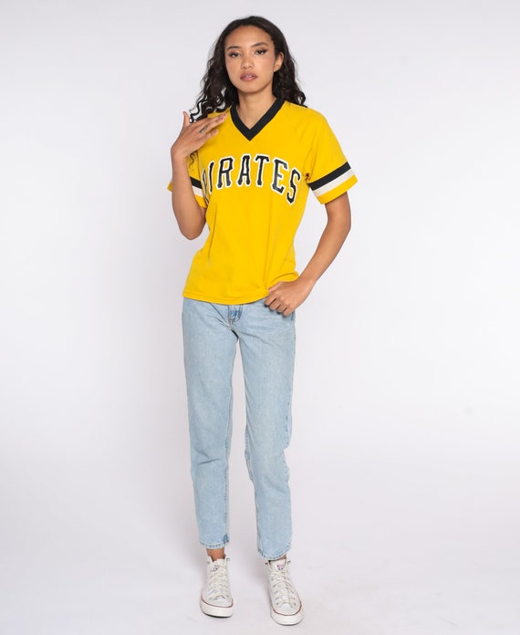 ShopExile Vintage Pittsburgh Pirates Shirt Baseball T Shirt 80s Tshirt Sports Ringer Tee V Neck Retro Graphic Jersey 1980s Striped Tee Yellow Small S