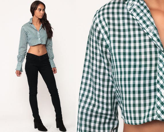 Gingham Crop Top Cropped Shirt Green 