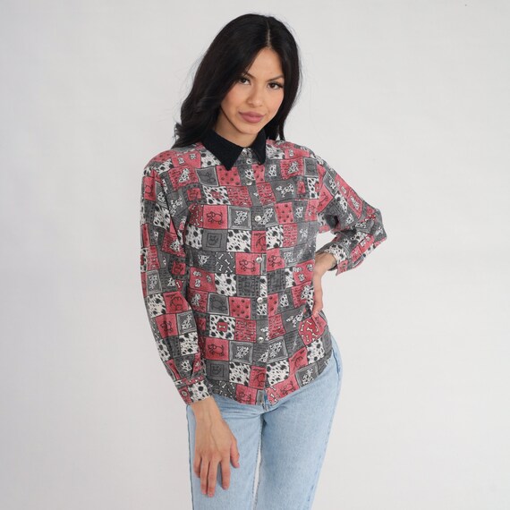 Dalmatian Dog Shirt 90s Button Up Shirt Corduroy Collar Blouse Animal Print Long Sleeve Top Dog Bone Red Grey Extra Small xs