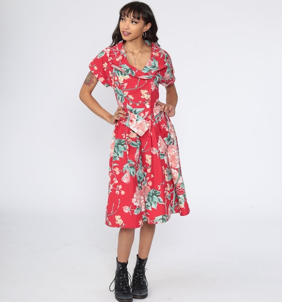 Red Floral Dress 80s Party Dress Full Skirt Blossom Print Midi Boho High Waisted Button Up Vintage 1990s Small