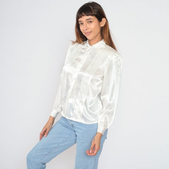 White Satin Blouse 90s Shiny Pleated Top Long Puff Sleeve Shirt Floral Lace Collar Formal Cocktail Secretary Vintage 1990s Medium Petite