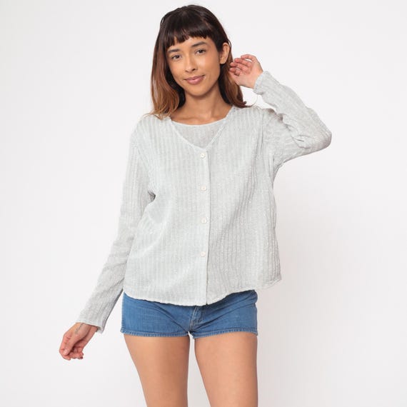 70s Silver Cardigan Sparkle Metallic Ribbed Button Up Long Sleeve Knit Disco Era Party Glam Shimmery Winter Layering Vintage Sweater Small S