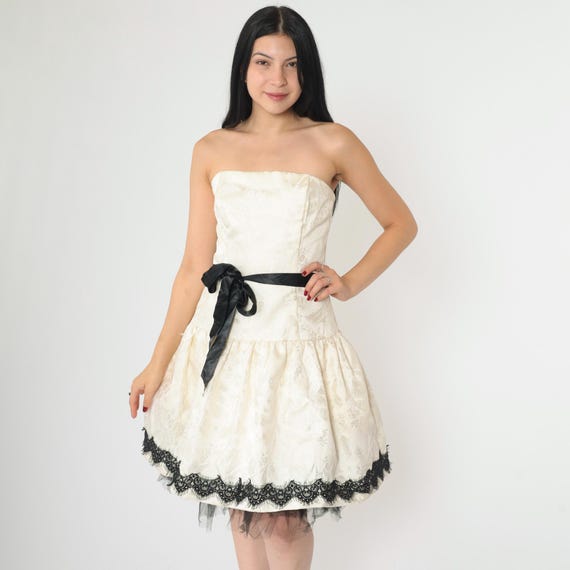 Vintage 90s Strapless Prom Dress Jessica McClintock Ivory White Floral Jacquard Evening Black Lace & Tulle 1990s Gothic Party Dress Medium
