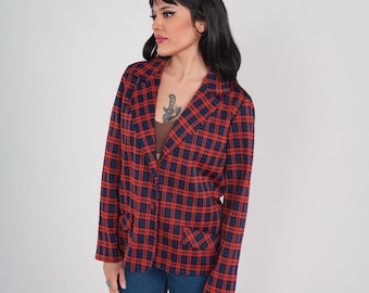 Plaid Blazer 70s Button up Jacket Red Blue Checkered Print Preppy Button Up Notched Collar School Uniform Tartan Mod Vintage 1970s Medium M