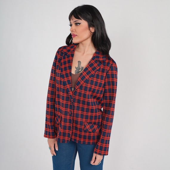 Plaid Blazer 70s Button up Jacket Red Blue Checkered Print Preppy Button Up Notched Collar School Uniform Tartan Mod Vintage 1970s Medium M