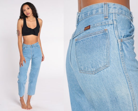 Light Wash Mom Jeans 80s 90s High Waist Jeans 1990s High Waisted Denim Tapered Pants 1980s Vintage Light Blue Stone Wash Small S 26