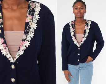 Navy Blue Blazer Jacket 80s Blazer 90s Lace Floral Trim Office Jacket Vintage Retro Medium
