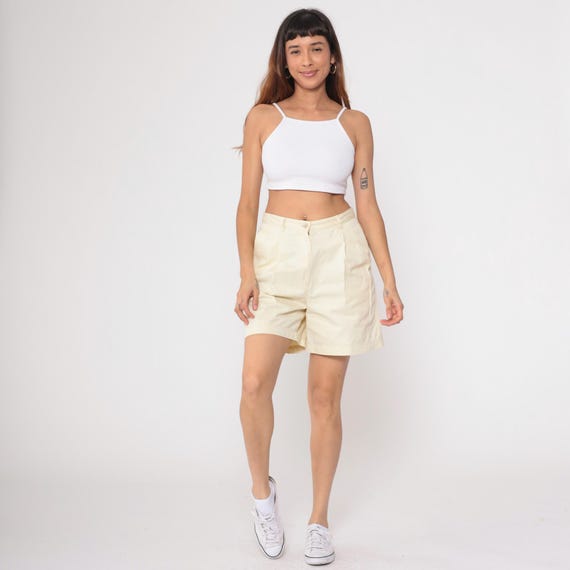 90s Ralph Lauren Shorts Pale Yellow Cotton High Waisted Chino Tailored Bermuda  Side Pockets Vintage Preppy Summer Large L