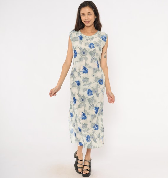 Blue Rose Sheer Midi Dress 90s Floral Column Gown Watercolor Cap Sleeve Tie Back Slit Hem Ivory Grey Chiffon Fairy Summer Vintage Small S