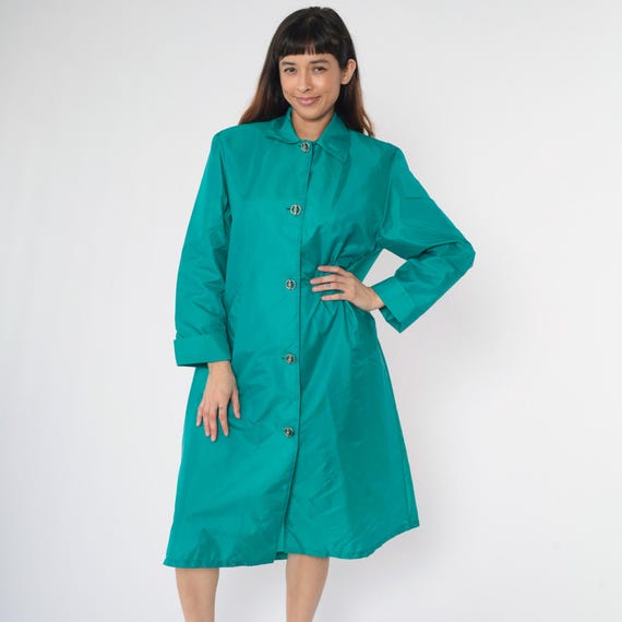Vintage 80s Teal Nylon Raincoat Classic Button Up Jacket Collared Retro Longline Minimalist Trench Coat 1980s Rain Jacket PM Petite Medium M