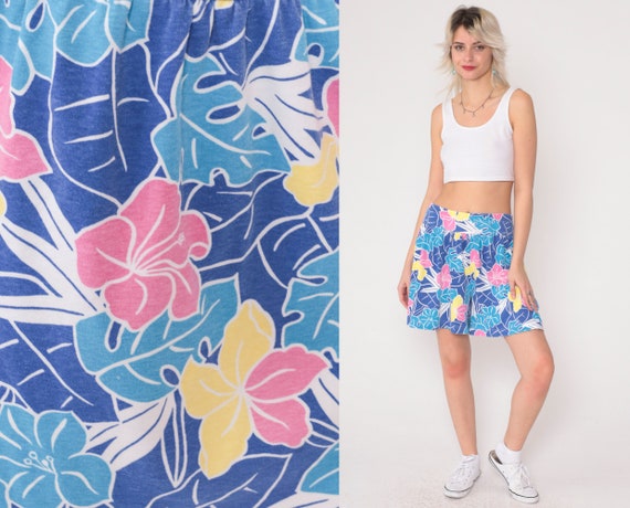 Tropical Floral Shorts 90s Blue Baggy Pink Hibiscus Flower Leaf Print Shorts Summer High Elastic Waisted Mid Length Vintage 1990s Medium