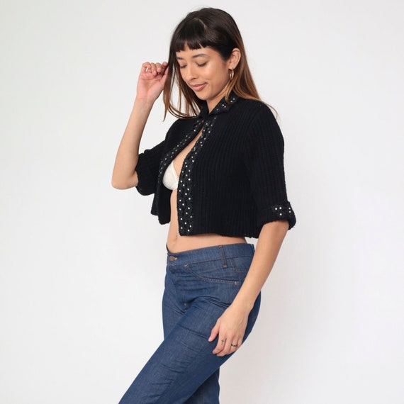 60s Cropped Cardigan Black Rhinestone Lace Applique Ribbed Knit Open Front Sweater Short Sleeve Party Preppy Sixties Vintage 1960s Medium