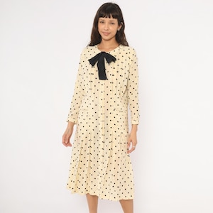Polka Dot Silk Dress 90s Cream Black Bow Neck Pleated Button Front Patch Pocket Ivory Shift Frock Vintage Coquette Sundress Girly Medium M