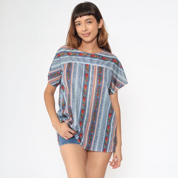 70s Striped Shirt White Blue Retro Shirt Striped Yoke Shirt Vintage 1970s Blouse Short Sleeve Blouse Red Green Abstract Medium
