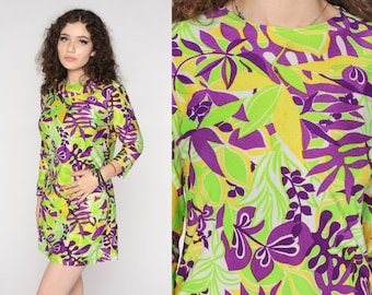 60s Mini Dress Mod Green Purple Psychedelic Dress Boho Leaf Print Dress Vintage Sixties Minidress 1960s Groovy Long Sleeve Bright Small