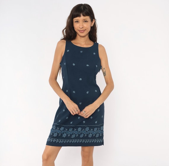 90s Embroidered Printed Shift Dress Navy Blue Floral Border Print Sleeveless Summer Spring Sundress Cottagecore Flower Vine Medium M