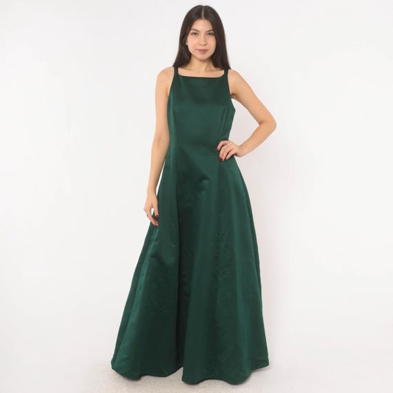 Emerald Satin Gown 90s Betsy Adam Formal Sleeveless Square Neck A Line Evening Dress Olive Green Prom Gothic Grunge Alt Vintage Maxi Small S