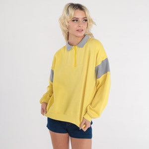80s Quarter Zip Sweatshirt Yellow Pullover Slouchy 1980s Grey Striped Athleisure Sweatshirt Sportswear Athletic Large