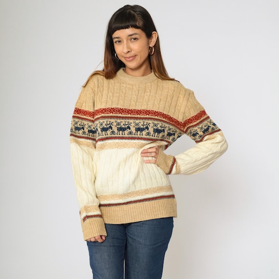 Vintage Nordic Moose Sweater 70s Beige Cream Jantzen Fair Isle Knit Pullover Reindeer Pattern 1970s Winter Holiday Cable Knit Men's Small S
